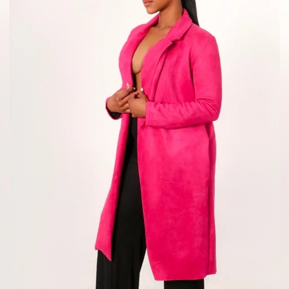 Women's Hot Pink Suede Trenh Coat - Picture 3 of 3